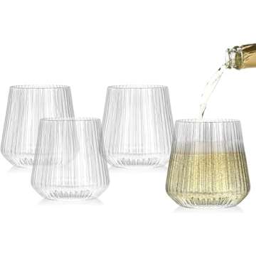 Tebery 20 Pack Plastic Ribbed Wine Glasses, 14Oz Origami Style Ridged Drinking Glasses Tumbler, Unique Vintage Stemless Cups Disposable & Reusable for Champagne, Dessert, Catering, Weddings