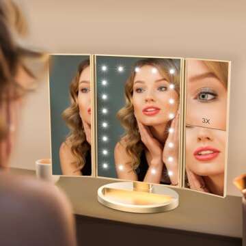 WEILY Lighted Vanity Makeup Mirror 1x/2x/3x Magnification Trifold with 21 LED Lights Touch Screen an...