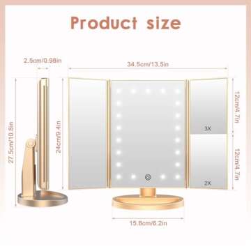 WEILY Lighted Vanity Makeup Mirror 1x/2x/3x Magnification Trifold with 21 LED Lights Touch Screen and USB Charging, 180 Degree Adjustable Stand for Countertop Cosmetic Makeup Mirror(Gold)