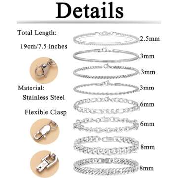 Tornito 8Pcs Chain Bracelet Set - Stylish Stainless Steel Jewelry for Men & Women