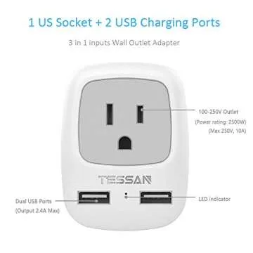 TESSAN Israel Power Adapter, Type H 3 Prong Grounded Travel Plug with 2 USB Ports and 1 American Out...