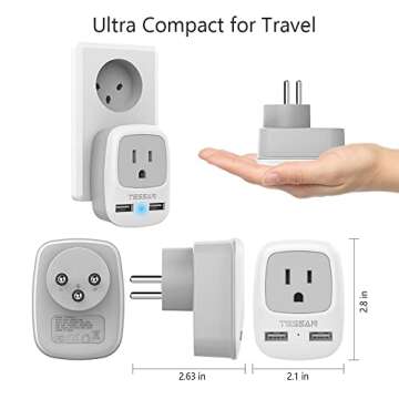 TESSAN Israel Power Adapter, Type H 3 Prong Grounded Travel Plug Adaptor with 2 USB Phone Charger 1 American Outlet for US to Israeli Palestine Jerusalem