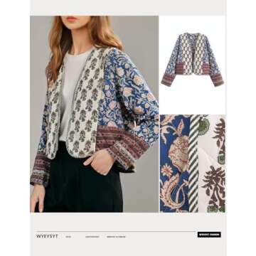 Wyeysyt Women's Cropped Puffer Quilted Jacket Cardigan Floral Printed Lightweight Long Sleeve Open F...