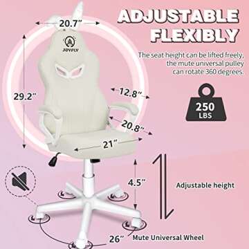 JOYFLY White Gaming Chair, Computer Gaming Chair for Girls Teens, Kawaii Gamer Chair PC Ergonomic Office Chair with PU Dirt-Resistant Leather(White-Bunny)
