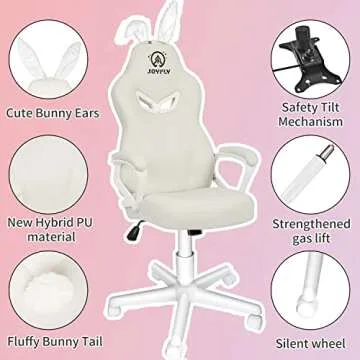 JOYFLY White Gaming Chair, Computer Gaming Chair for Girls Teens, Kawaii Gamer Chair PC Ergonomic Office Chair with PU Dirt-Resistant Leather(White-Bunny)
