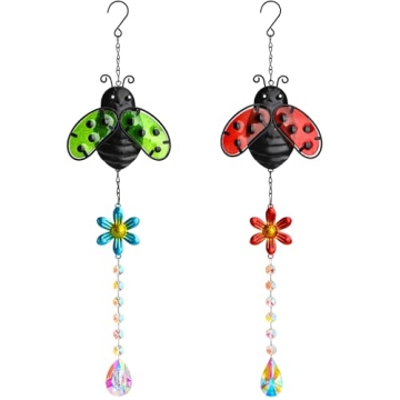 19'' Crystal Garden Suncatcher Decor Set 2 Stained Glass Metal Ladybugs Window Hanging Crystal Prism...