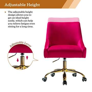 TINA'S HOME Velvet Home Office Chair, Modern Cute Desk Chair with Adjustable Swivel, Comfy Upholstered Computer Armless Chair, Vanity Chair for Women (Gold Base, Fushia)