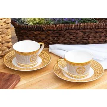 Royalty Porcelain Tea Set - Luxurious 12 Piece Service for 6 - Ornate Mosaic and 24K Gold Leaf Accents - 6 oz Cups and Saucers - Tea Party Set for Black Tea, Cappuccino or Decor