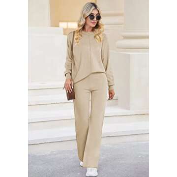 Linsery Women's High Neck Lounge Set Long Sleeve Casual Knitted Sweater Top Wide Leg Pants Tracksuit Apricot Small