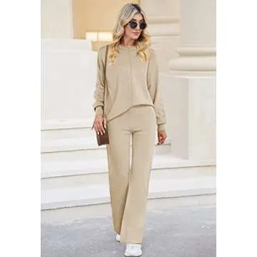 Linsery Women's High Neck Lounge Set Long Sleeve Casual Knitted Sweater Top Wide Leg Pants Tracksuit Apricot Small