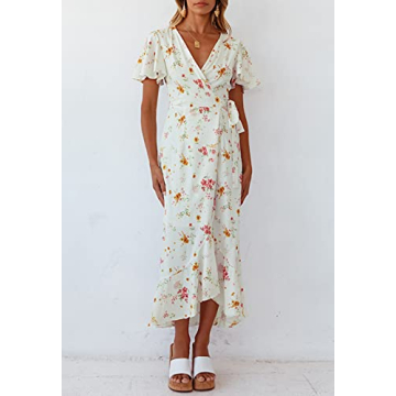 ZESICA Floral Wrap V-Neck Midi Dress Summer Bohemian Style