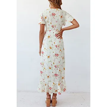 ZESICA Floral Wrap V-Neck Midi Dress Summer Bohemian Style