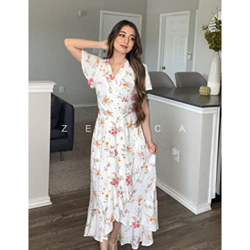 ZESICA Floral Wrap V-Neck Midi Dress Summer Bohemian Style