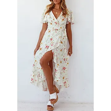 ZESICA Floral Wrap V-Neck Midi Dress Summer Bohemian Style