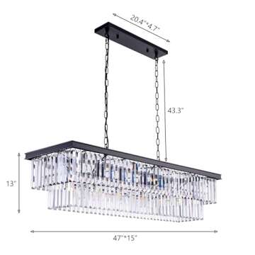 Wellmet Crystal Chandelier 47-inch, 11-Light Modern Rectangular Black Chandelier Ceiling Hanging for Dining Room, Linear Chandeliers Light Fixture for Living Room, Bedroom, Kitchen Island, Pool Table