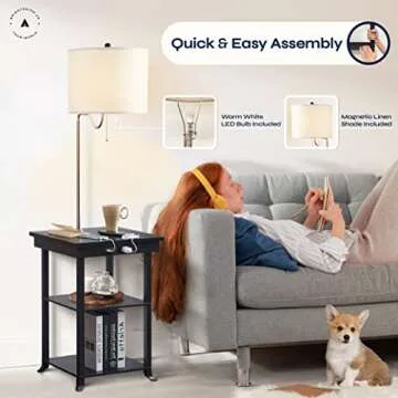 ATAMIN Ava 59.5" Floor Lamps End Table with Charging Station, Premium Night Stand Floor Lamp with Table, Bedside Table with Lamp Attached, Small Side Table Lamp for Bedroom, Table with USB C - Black