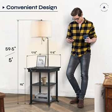 ATAMIN Ava 59.5" Floor Lamps End Table with Charging Station, Premium Night Stand Floor Lamp with Table, Bedside Table with Lamp Attached, Small Side Table Lamp for Bedroom, Table with USB C - Black