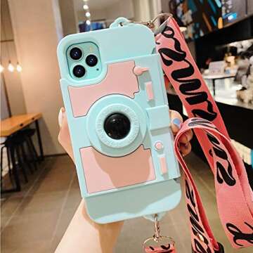 Awsaccy Compatible with iPhone 12 Pro Max Case Cute Card Wallet Holder for Women Girls Cool Unique Camera Design Kickstand Girly Phone Case 3D Silicone Cover with Crossbody Strap Lanyard Blue