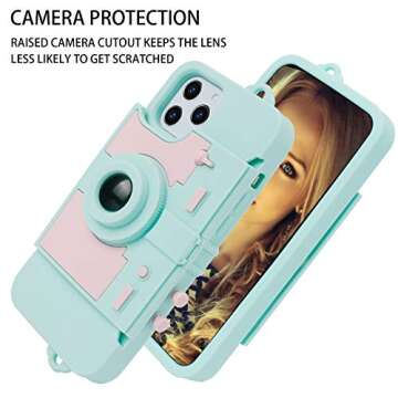 Awsaccy Compatible with iPhone 12 Pro Max Case Cute Card Wallet Holder for Women Girls Cool Unique Camera Design Kickstand Girly Phone Case 3D Silicone Cover with Crossbody Strap Lanyard Blue