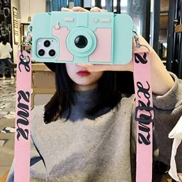 Awsaccy Compatible with iPhone 12 Pro Max Case Cute Card Wallet Holder for Women Girls Cool Unique Camera Design Kickstand Girly Phone Case 3D Silicone Cover with Crossbody Strap Lanyard Blue