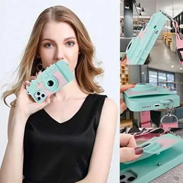 Awsaccy Compatible with iPhone 12 Pro Max Case Cute Card Wallet Holder for Women Girls Cool Unique Camera Design Kickstand Girly Phone Case 3D Silicone Cover with Crossbody Strap Lanyard Blue