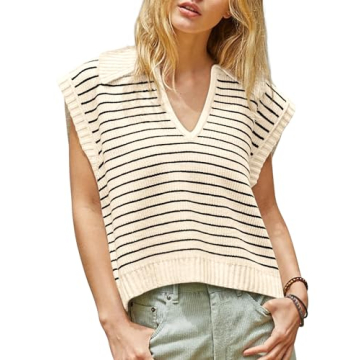 V Neck Tank Tops for Women Loose Fitting Lapel Collar Polo Shirts Stripes Summer Sweater Vests Beige S