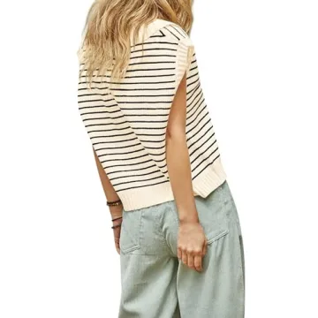 V Neck Tank Tops for Women Loose Fitting Lapel Collar Polo Shirts Stripes Summer Sweater Vests Beige S