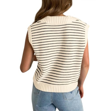 V Neck Tank Tops for Women Loose Fitting Lapel Collar Polo Shirts Stripes Summer Sweater Vests Beige S