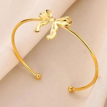 Gold Bow Bracelet for Women Dainty Silver Bow Bracelet Ribbon Bracelet 18 K Gold Bow Tie Kont Bracelet Bow Jewelry Gift (Gold Bow Bracelets)