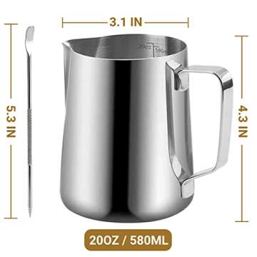 Milk Frothing Pitcher - 350ml/600ml Milk Frother Cup Stainless Steel Jug Steaming Pitcher, (12oz/20oz/) Milk Coffee Cappuccino Latte Art Barista Steam Pitchers Milk Jug Cup with Decorating Pen