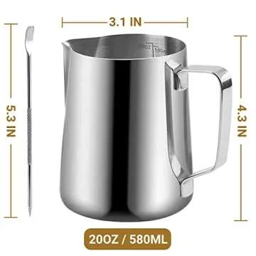 Milk Frothing Pitcher - 350ml/600ml Milk Frother Cup Stainless Steel Jug Steaming Pitcher, (12oz/20oz/) Milk Coffee Cappuccino Latte Art Barista Steam Pitchers Milk Jug Cup with Decorating Pen