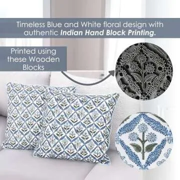 SheetKart Block Print Pillow Cover - Cotton Throw Pillow Covers for Boho Decorative Couch, Living Room, Bohemian Theme Gifts, Floral Blue - 18 x 18 Inches - Set of 2