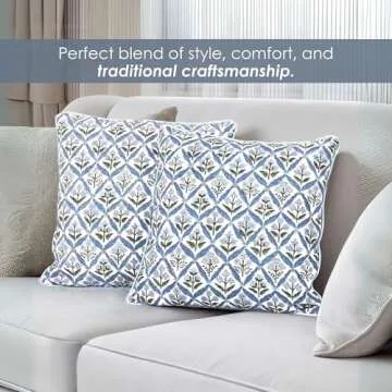 SheetKart Block Print Pillow Cover - Cotton Throw Pillow Covers for Boho Decorative Couch, Living Room, Bohemian Theme Gifts, Floral Blue - 18 x 18 Inches - Set of 2