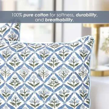 SheetKart Block Print Pillow Cover - Cotton Throw Pillow Covers for Boho Decorative Couch, Living Room, Bohemian Theme Gifts, Floral Blue - 18 x 18 Inches - Set of 2