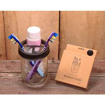 Jarmazing Products Mason Jar Toothbrush Holder – Black – with 16 Ounce Ball Mason Jar – Made from Rust-Proof Stainless Steel