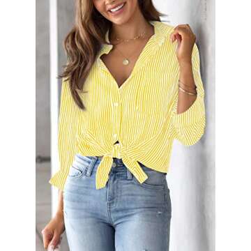 AISEW Womens Button Down Shirts Striped Classic Long Sleeve Collared Office Work Blouses Tops with Pocket (Yellow, 7002L)