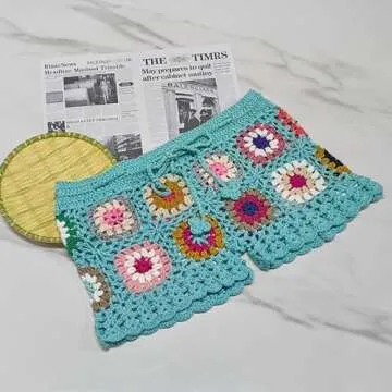 Yiulangde Womens Y2k Hollow Out Knit Shorts Crochet Bikini Swimsuit Cover Up Sexy Sheer Beach Shorts Floral Print Boho Bottom Light Blue