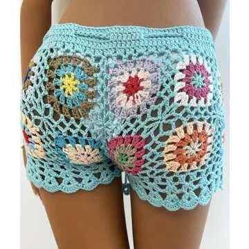 Yiulangde Womens Y2k Hollow Out Knit Shorts Crochet Bikini Swimsuit Cover Up Sexy Sheer Beach Shorts Floral Print Boho Bottom Light Blue