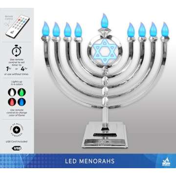 Ner Mitzvah LED Electric Hanukkah Menorah - Color Changing LED Traditional Classic Chanukah Menorah with Remote - Battery or USB Powered - USB Cord Included - Silver.