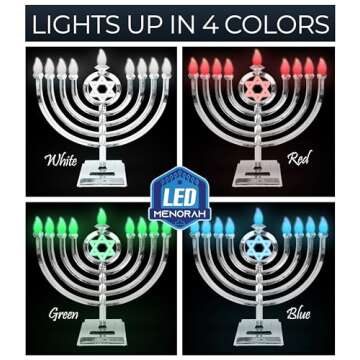 Ner Mitzvah LED Electric Hanukkah Menorah - Color Changing LED Traditional Classic Chanukah Menorah with Remote - Battery or USB Powered - USB Cord Included - Silver.