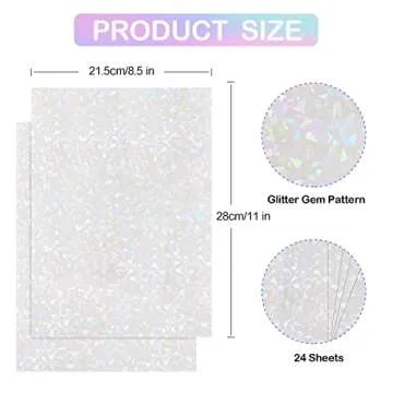 Holographic-Sticker Paper, 24 Sheets Holographic-Vinyl Sheets Self-Adhesive Transparent-Holographic PermanentVinyl Overlay-Laminate for Stickers for DIY Crafts