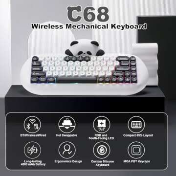 YUNZII C68 Panda Wireless Mechanical Gaming Keyboard - Cute & Versatile