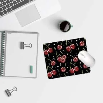 QIYUHOY Cherry Print Black Mouse Pads,Funky Cherry Personalized Mouse Mat Design,Small Mouse pad for Desk Home Office Gaming Working,Home Decor Accessories Office Supplies，9.5x7.9 inches
