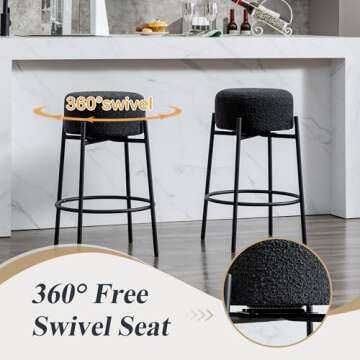 JIRAIN Modern Backless Bar Stools Set of 2, 27’’ Boucle Swivel Barstools with Round Padded Seat, Counter Stools with Metal Legs, Counter Height Stools for Kitchen Island, Black