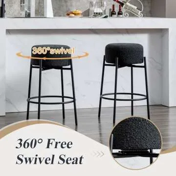 JIRAIN Modern Backless Bar Stools Set of 2, 27’’ Boucle Swivel Barstools with Round Padded Seat, Counter Stools with Metal Legs, Counter Height Stools for Kitchen Island, Black