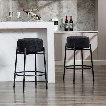 JIRAIN Modern Backless Bar Stools Set of 2, 27’’ Boucle Swivel Barstools with Round Padded Seat, Counter Stools with Metal Legs, Counter Height Stools for Kitchen Island, Black