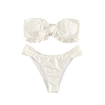 Floerns Women's 2 Piece Bathing Suit Ruffle Hem Bandeau Tie Front Bikini Set White S