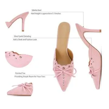 DOEYG Pink Kitten Heels for Women Pointed Toe Heels Dressy Vintage Bow Heels Slip on Mules HeelsTrendy Pointy Studded Heels Stiletto Heels Pumps