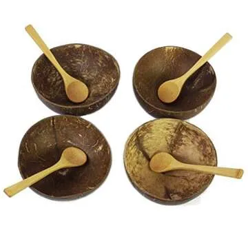 BeeGreeny Premium Coconut Bowls with Spoons (Set of 4) | Polished With Coconut Oil | Handmade, Vegan, Natural, Eco Friendly, Reusable Bowl for Breakfast, Serving, Decoration, Party