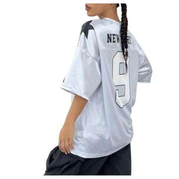 SHENHE Women's Oversized Jersey Shirt Y2k Letter Print Drop Shoulder V Neck Loose Mesh Tee Tops Grey...